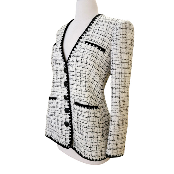 Veronica Beard Albia Rickrack Trim Tweed Lady Jacket Black White Check Size 0 - Picture 3 of 9